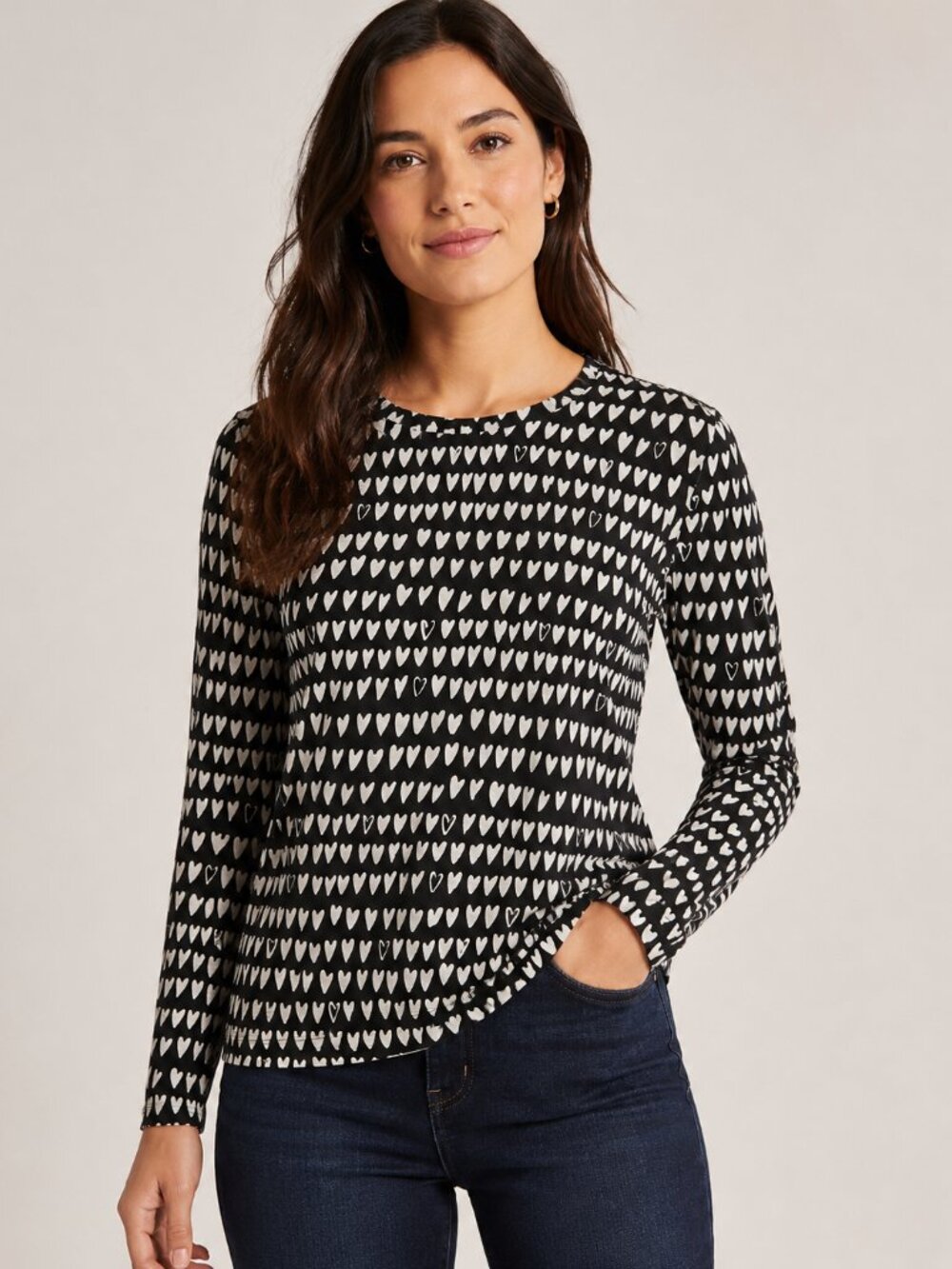 LOFT Black White Heart Print Long Sleeve Tee Top Size Medium